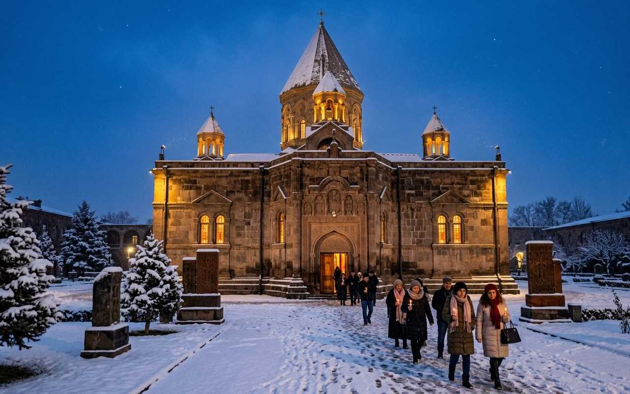 کلیسای اچمیادزین در زمستان هنگام مراسم کریسمس