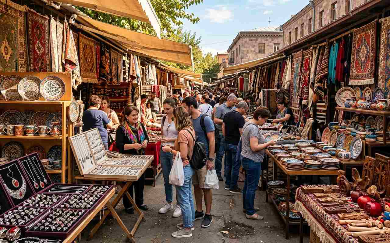 بازار ورنیساژ ایروان با غرفه‌های صنایع‌دستی و سوغات