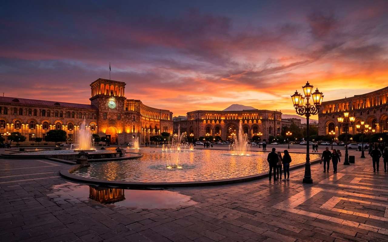میدان جمهوری ایروان هنگام غروب با آسمان نارنجی