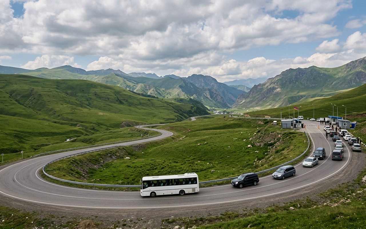 جاده کوهستانی مسیر سفر زمینی به ارمنستان با ایست بازرسی مرزی