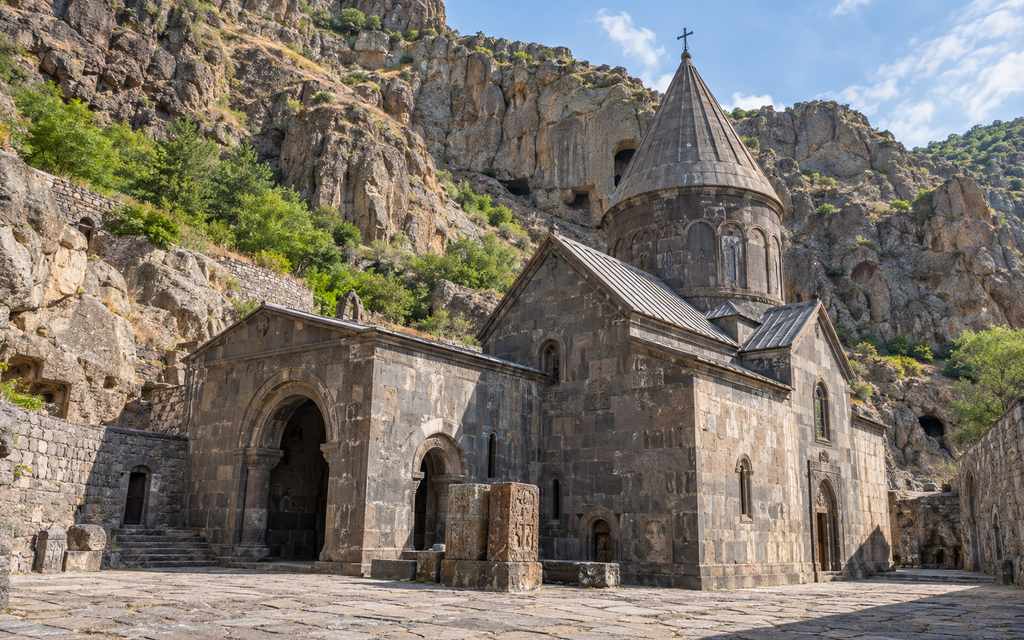 نمای سنگی صومعه گغارد در کنار صخره‌های دره آزات ارمنستان