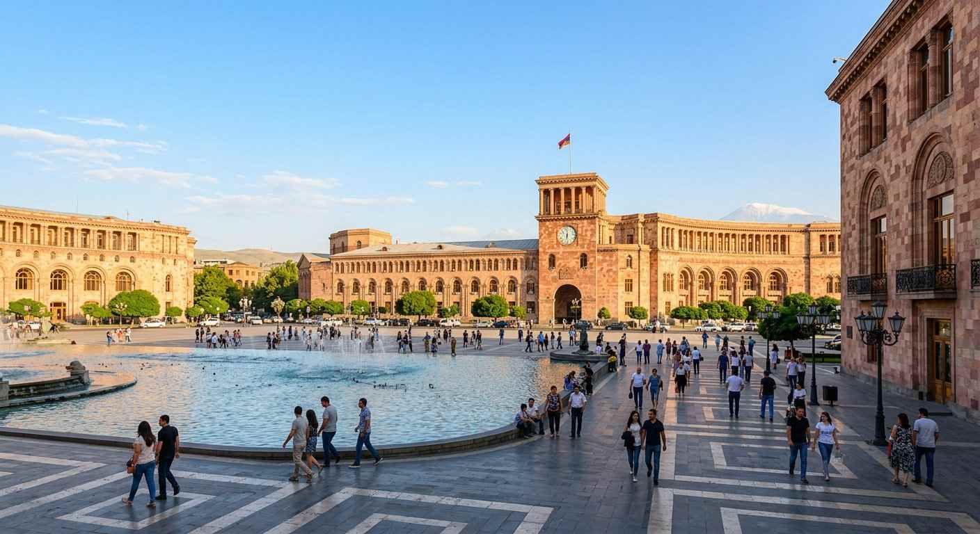 میدان جمهوری ایروان با ساختمان‌های سنگ توف صورتی و فواره میدان
