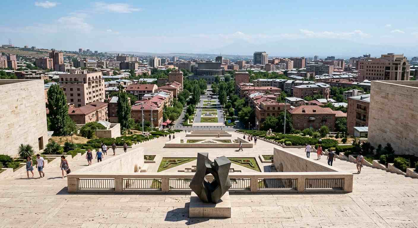 پلکان سنگی و تراس‌های میانی کاسکاد ایروان در روزهای آفتابی