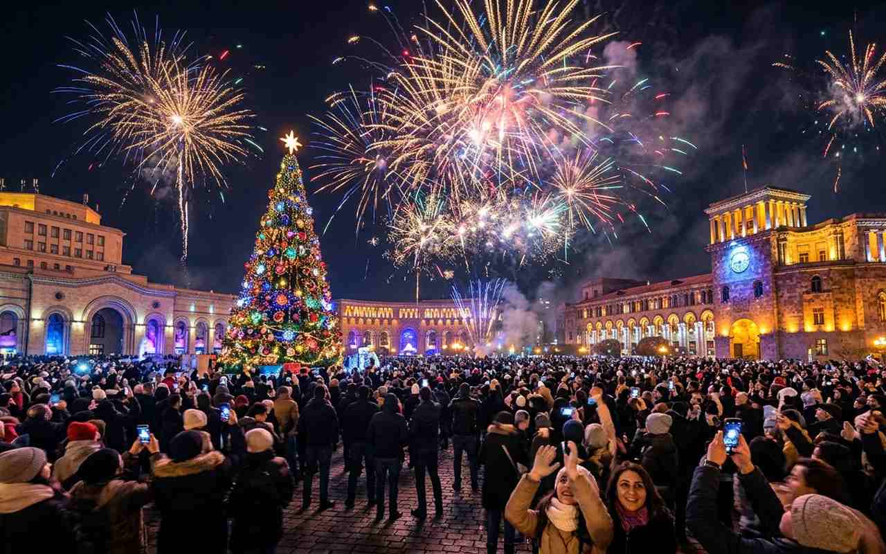 آتش‌بازی شب سال نو بر فراز ایروان با جمعیت شاد