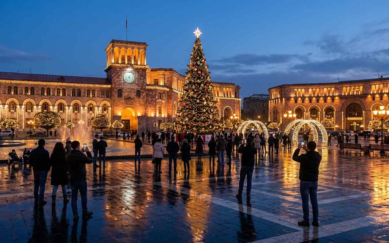 میدان جمهوری ایروان با تزئینات و درخت کریسمس زمستانی
