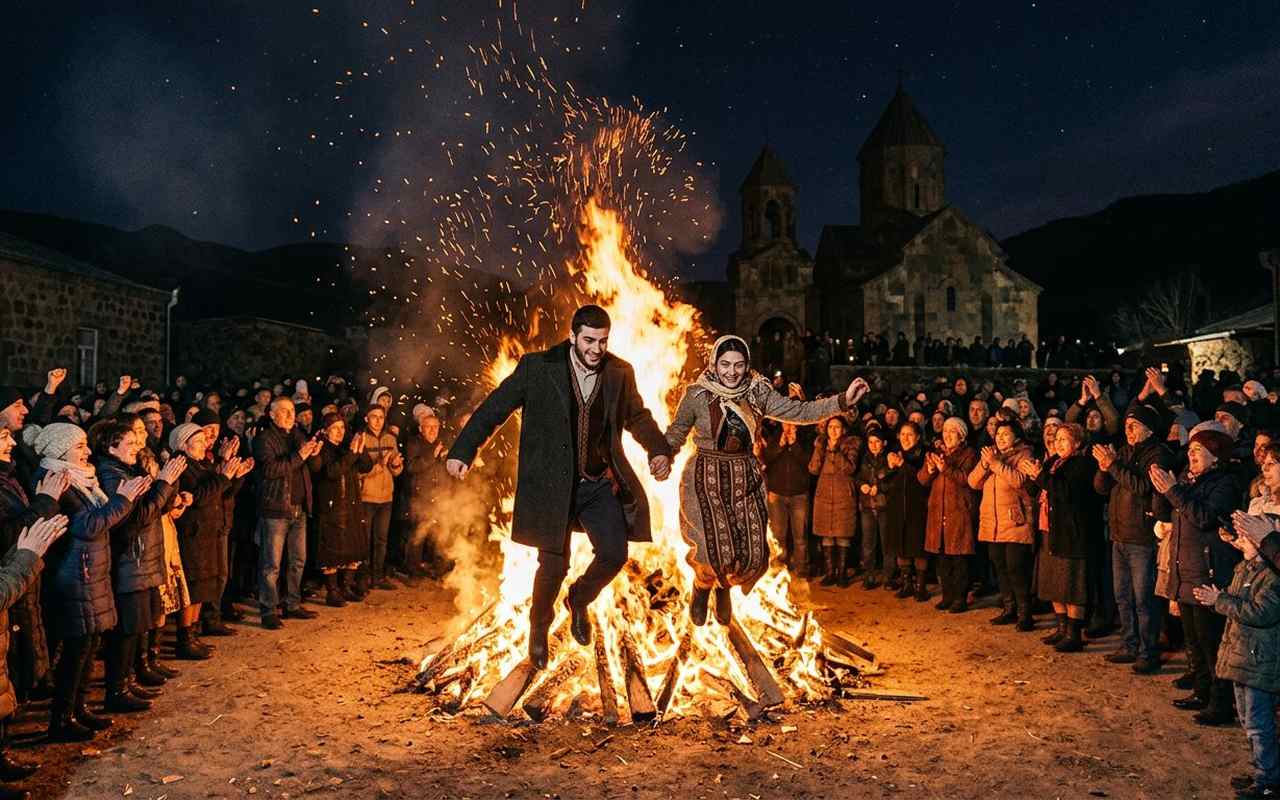 جشن آتش ترندز با آتش بزرگ و پریدن از روی شعله