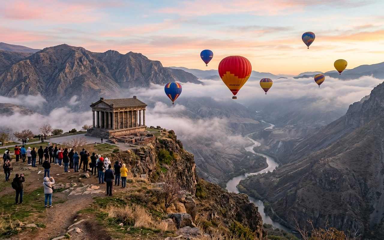 بالن‌های رنگارنگ بر فراز معبد گارنی در جشنواره بالن