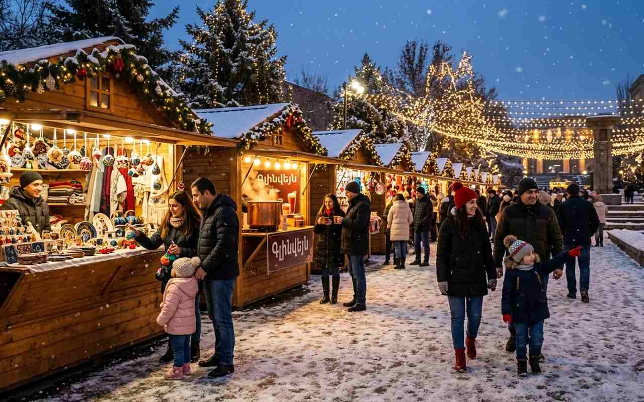 بازارچه نوروزی کریسمس ایروان با غرفه‌های چوبی و چراغ
