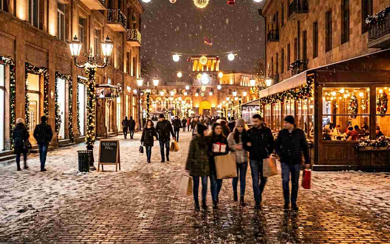 خیابان زمستانی ایروان با کافه‌های گرم و خرید تعطیلات
